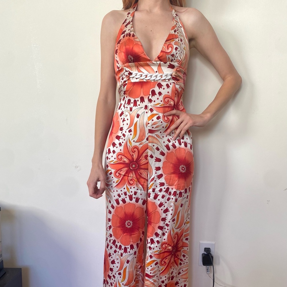 Vintage Marciano/guess pink and red floral satin halter top jumpsuit